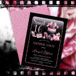 Glam Pink Black Fashion Sweet 16 Birthday Party Einladung<br><div class="desc">Glamorous French couture-inspired,  pink and black "Sweet 16" 16th birthday design featuring a hat box cake,  pink stilettos and a makeup bag among various unopened birthday presents and luscious cupcakes.  Perfect for celebrating birthday occasions.  Age is created in an uneditable faux pink glitter font.</div>