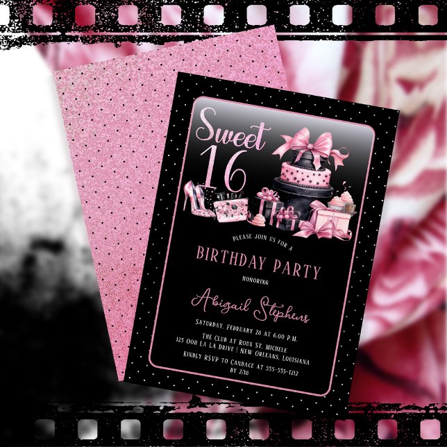 Glam Pink Black Fashion Sweet 16 Birthday Party Einladung (Glam Pink and Black French Couture Fashion Sweet 16 Birthday Party Invitation)