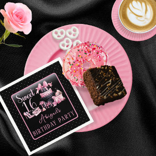 Glam Pink Black Fashion Sweet 16 Geburtstagsparty Serviette