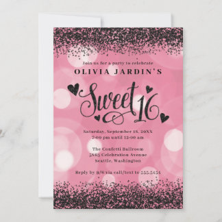 Glam Pink & Black Glitzer Sweet 16 Einladung