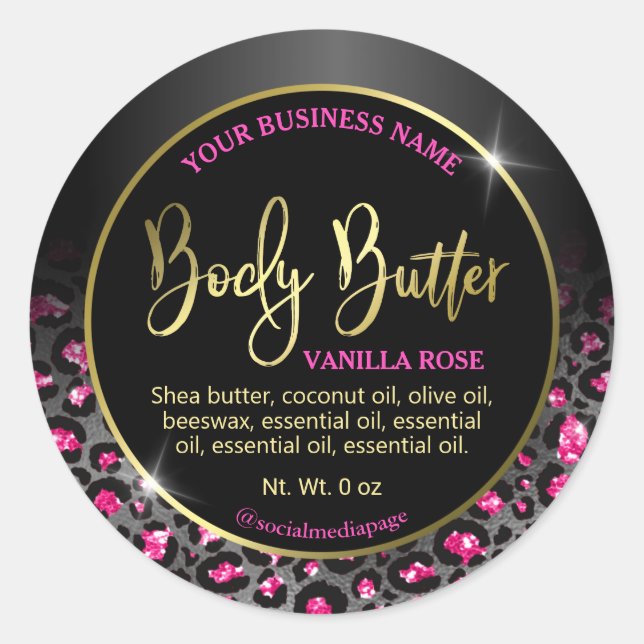 Glam Pink Black Leopard Print Body Butter Labels Runder Aufkleber (Vorderseite)
