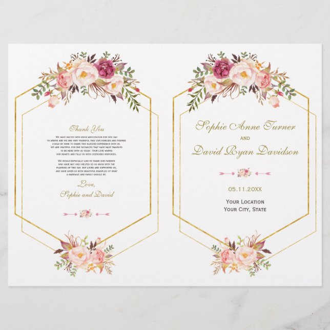 Glam Pink Blush Bloral Gold Rahmen Hochzeitsprogra Flyer (Vorne)