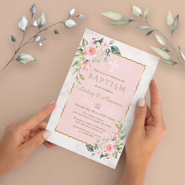 Glam Pink Blush Blume Gold Marmor Twins Taufe Einladung (twins girls baptism invitation, pink flowers baptism invite, trendy floral gold baptism invitation)