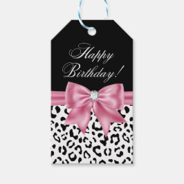 Glam Pink Bow Diamond Black Leopard Happy Birthday Geschenkanhänger