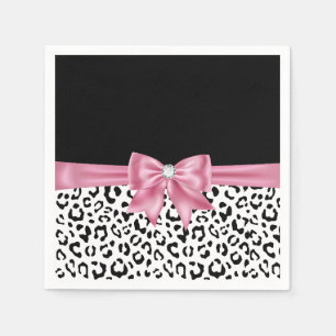 Glam Pink Bow Diamond Black Snow Leopard Serviette