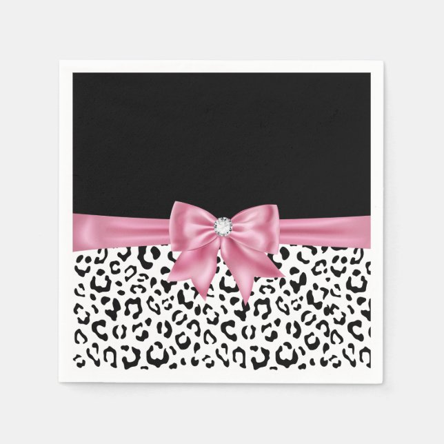 Glam Pink Bow Diamond Black Snow Leopard Serviette (Vorderseite)