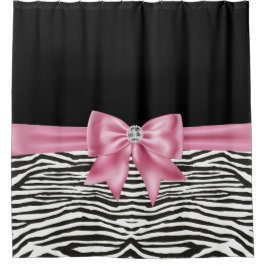 Glam Pink Bow Diamond Zebra Print Black Duschvorhang