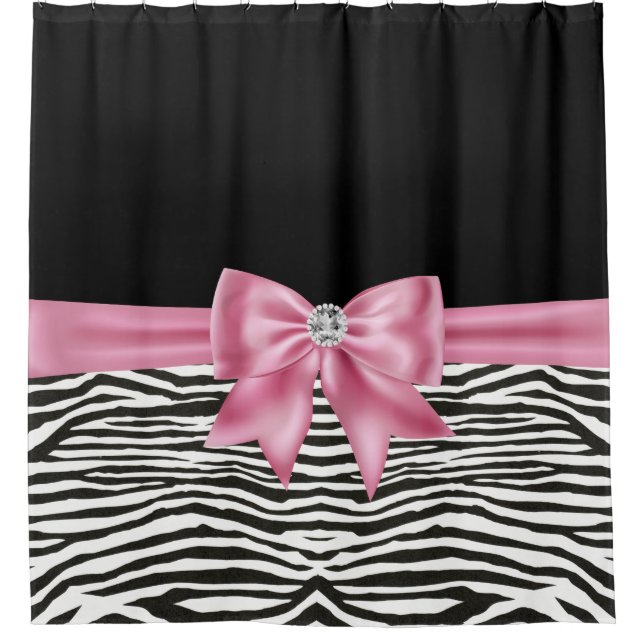 Glam Pink Bow Diamond Zebra Print Black Duschvorhang (Vorderseite)