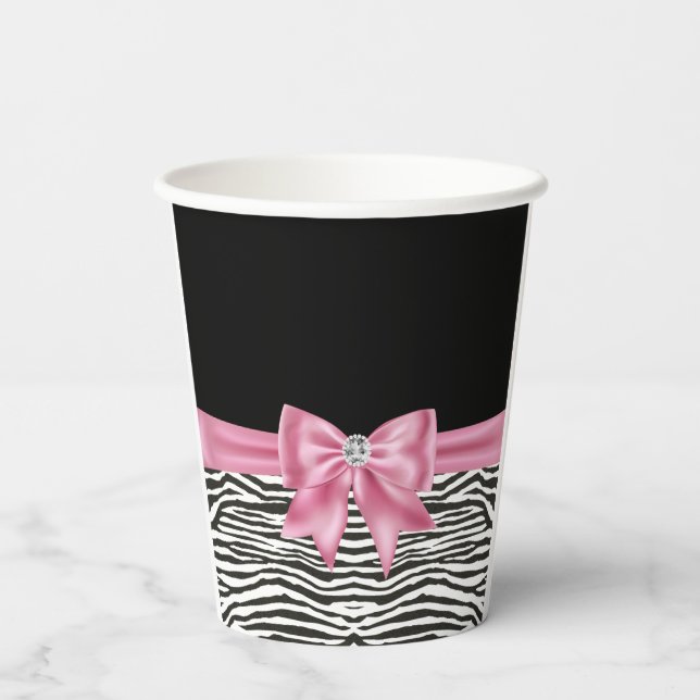 Glam Pink Bow Diamond Zebra Print Black Pappbecher (Rückseite)