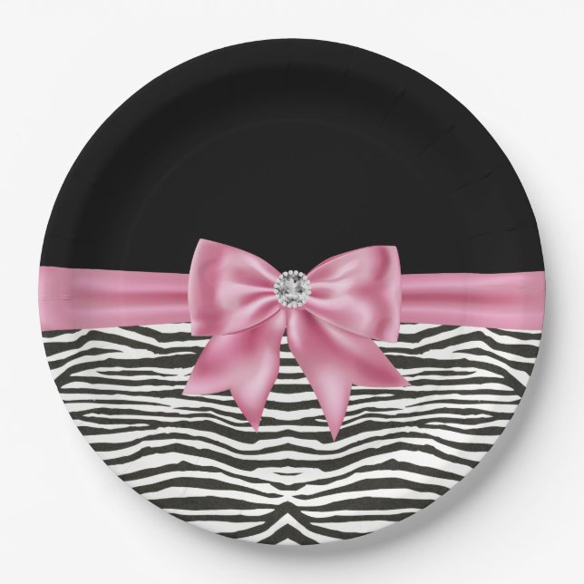 Glam Pink Bow Diamond Zebra Print Black Pappteller (Vorderseite)