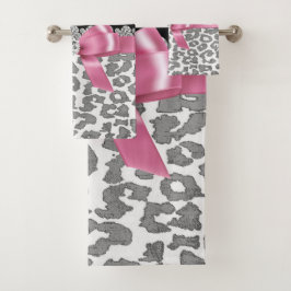 Glam Pink Bow-Grey Leopard-Silver Glitzern Badhandtuch Set
