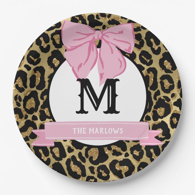 Glam Pink Bow Leopard Print Family Name Monogram Pappteller (Vorderseite)