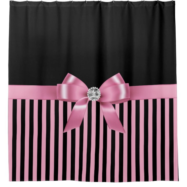 Glam Pink Bow-Pink Black Pinstripes-Black Duschvorhang (Vorderseite)