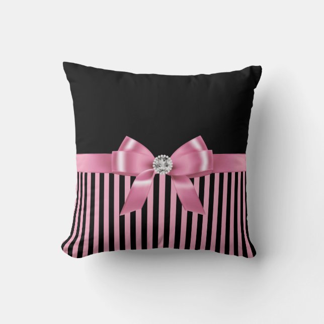 Glam Pink Bow-Pink Black Pinstripes-Black Kissen (Vorderseite)