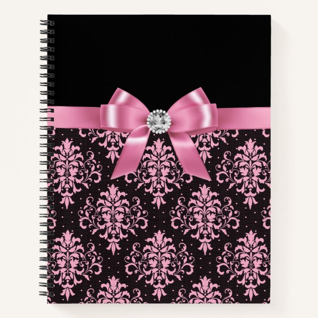 Glam Pink Bow-Pink Lace-Black Notizbuch (Vorderseite)