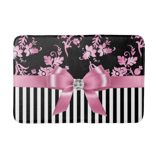 Glam Pink Bow-Pink Stift-Schwarz-weiß Pinstripes Badematte (Vorderseite)