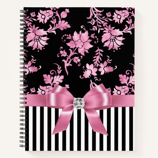 Glam Pink Bow-Pink Stift-Schwarz-weiß Pinstripes Notizbuch (Vorderseite)
