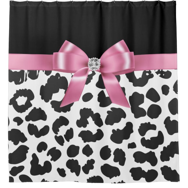 Glam Pink Bow-Snow Leopard Print Black Duschvorhang (Vorderseite)