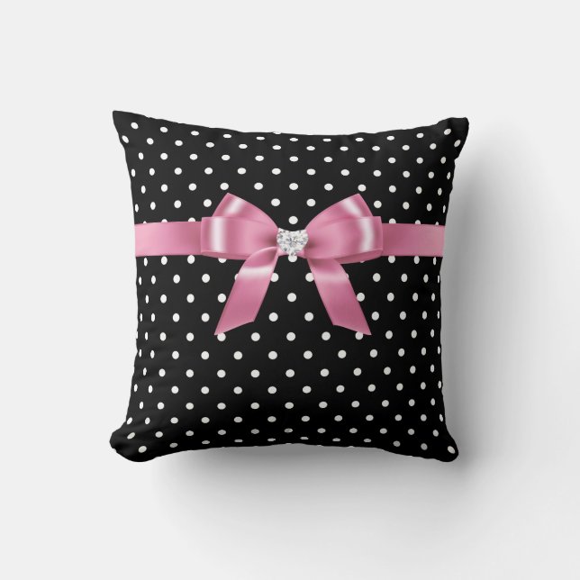 Glam Pink Bow-White Polka Dots Black Kissen (Vorderseite)