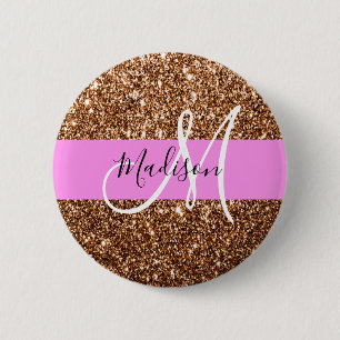 Glam Pink & Bronze Glitzer Glitzern Monogram Name Button