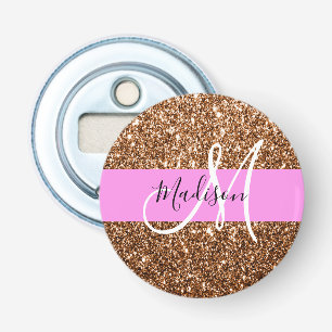 Glam Pink & Bronze Glitzer Glitzern Monogram Name Flaschenöffner