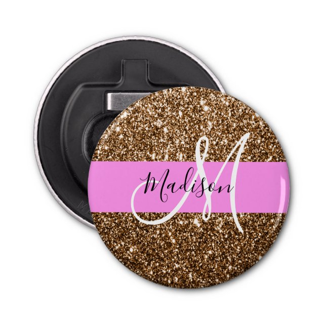Glam Pink & Bronze Glitzer Glitzern Monogram Name Flaschenöffner (Vorderseite)
