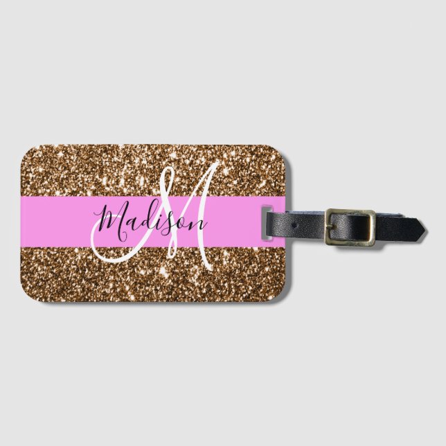 Glam Pink & Bronze Glitzer Glitzern Monogram Name Gepäckanhänger (Vorderseite (Horizontal))
