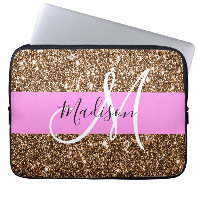 Glam Pink & Bronze Glitzer Glitzern Monogram Name Laptopschutzhülle (Vorderseite)