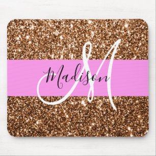 Glam Pink & Bronze Glitzer Glitzern Monogram Name Mousepad