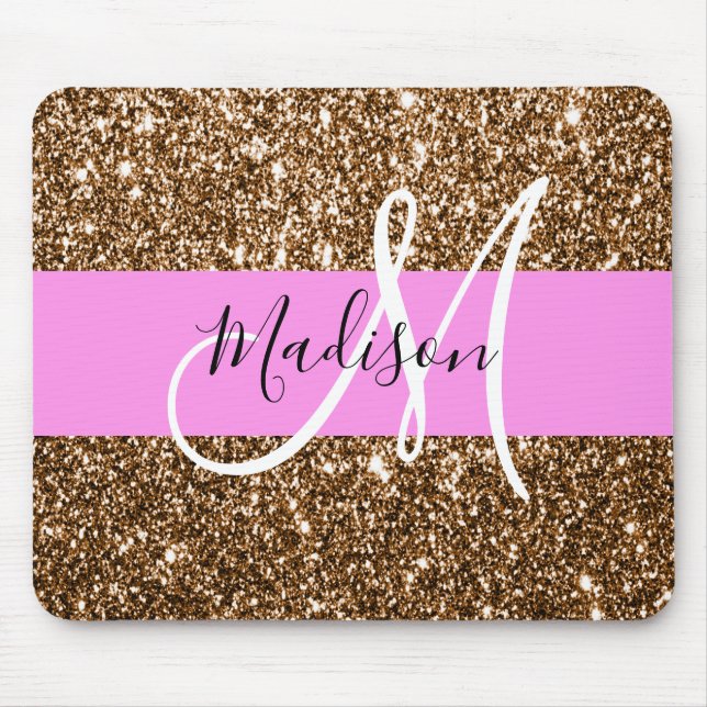 Glam Pink & Bronze Glitzer Glitzern Monogram Name Mousepad (Vorne)