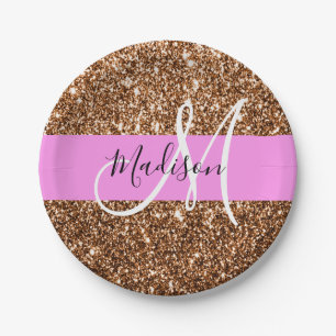 Glam Pink & Bronze Glitzer Glitzern Monogram Name Pappteller