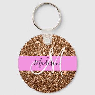 Glam Pink & Bronze Glitzer Glitzern Monogram Name Schlüsselanhänger