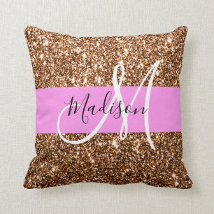 Glam Pink & Bronze Glitzer Glitzern Monogramm Name Kissen