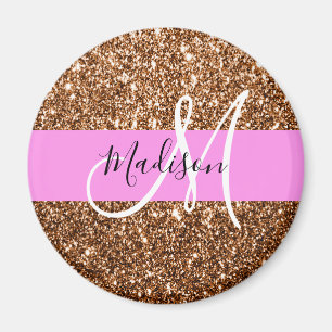 Glam Pink & Bronze Glitzer Glitzern Monogramm Name Magnet