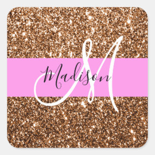 Glam Pink & Bronze Glitzer Glitzern Monogramm Name Quadratischer Aufkleber