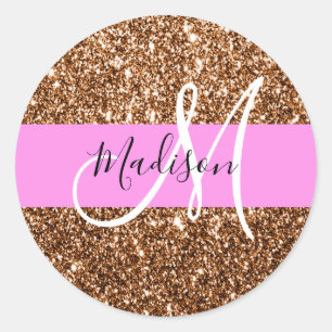 Glam Pink & Bronze Glitzer Glitzern Monogramm Name Runder Aufkleber