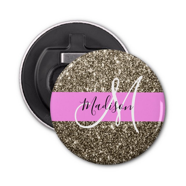 Glam Pink Champagne Gold Glitzer Sparkone Monogram Flaschenöffner (Vorderseite)