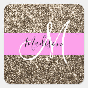 Glam Pink Champagne Gold Glitzer Sparkone Monogram Quadratischer Aufkleber