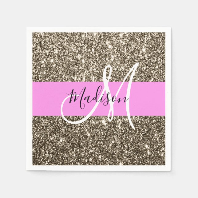 Glam Pink Champagne Gold Glitzer Sparkone Monogram Serviette (Vorderseite)