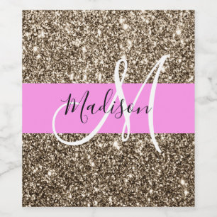 Glam Pink Champagne Gold Glitzer Sparkone Monogram Weinetikett