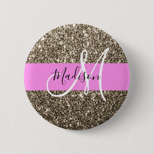 Glam Pink Champagner Gold Glitter Funkeln Monogram Button (Vorderseite)