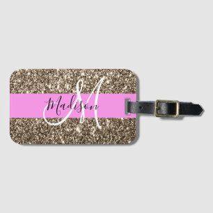 Glam Pink Champagner Gold Glitter Funkeln Monogram Gepäckanhänger
