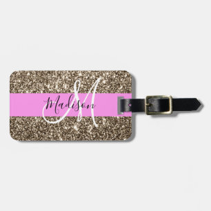 Glam Pink Champagner Gold Glitter Funkeln Monogram Gepäckanhänger
