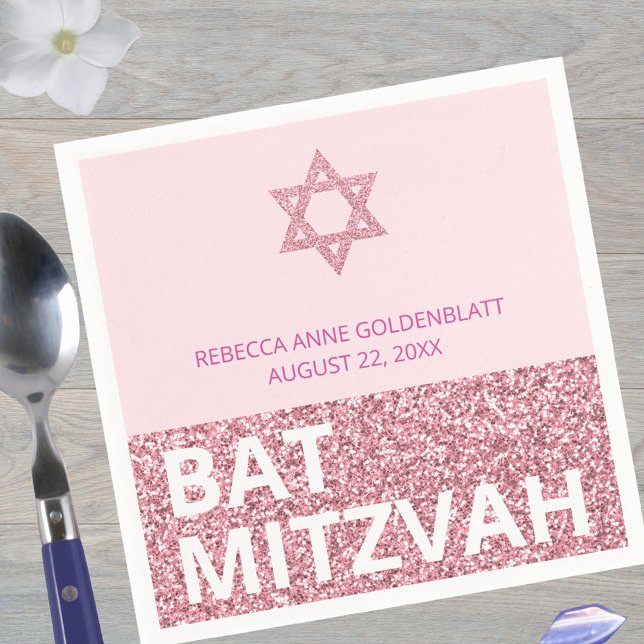 Glam Pink Chic Elegant Religiöser Bat Mitzvah Serviette (Just add your daughter's name and the date of the Bat Mitzvah to these bold pink glam paper napkins)