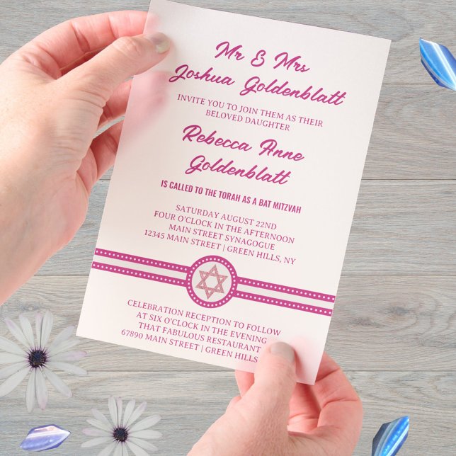 Glam Pink Chic Elegant Traditionelles Bat Mitzvah (Pink glam Bat Mitzvah invitations printed on vellum paper overlays)