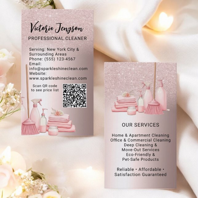 Glam Pink Clearing Service Housekeeping Qr Code Visitenkarte (Glam Pink Cleaning Service Housekeeping Qr Code Business Card)