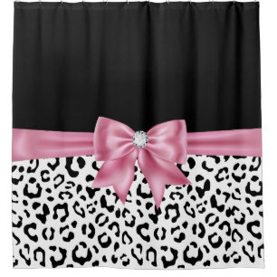 Glam Pink Diamond Bow Black Snow Leopard Duschvorhang