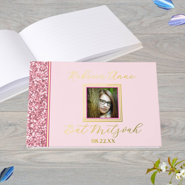 Glam Pink Elegantes Foto Bat Mitzvah Gold Gästebuch (Real gold foil printing mixed with faux pink glitter gives this guest book an elegant feel)