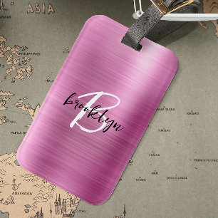 Glam-Pink gebürstetes Metall Schwarz Weiß Monogram Gepäckanhänger