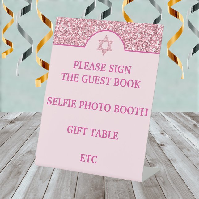 Glam Pink Gestalten Sie Ihr eigenes elegantes Bat  Sockelschild (Create all the custom table top signs you need for your Bat Mitzvah party in this pink glam design)
